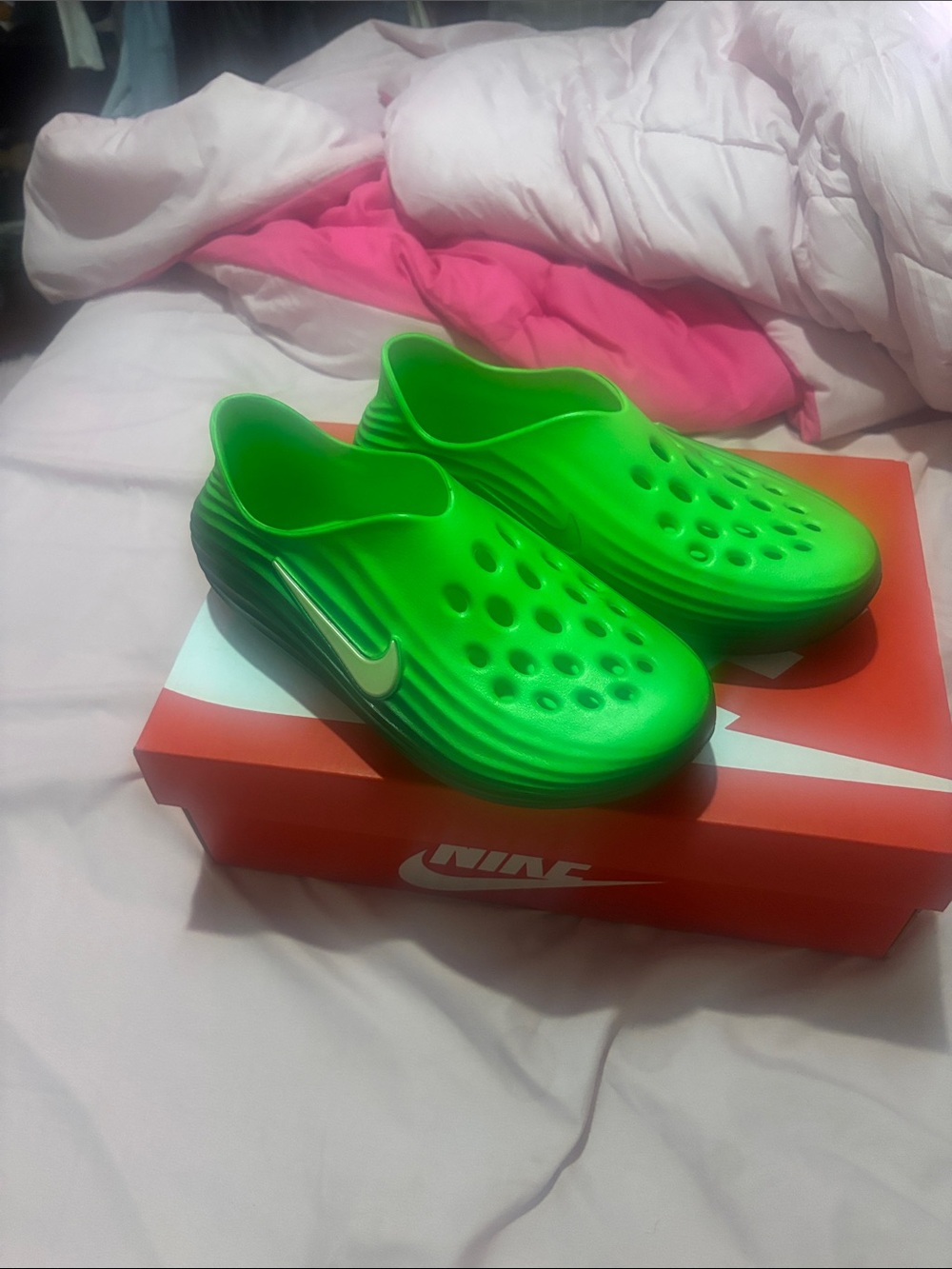 Nike Neon Green Kids Slip-On Clogs with Swoosh